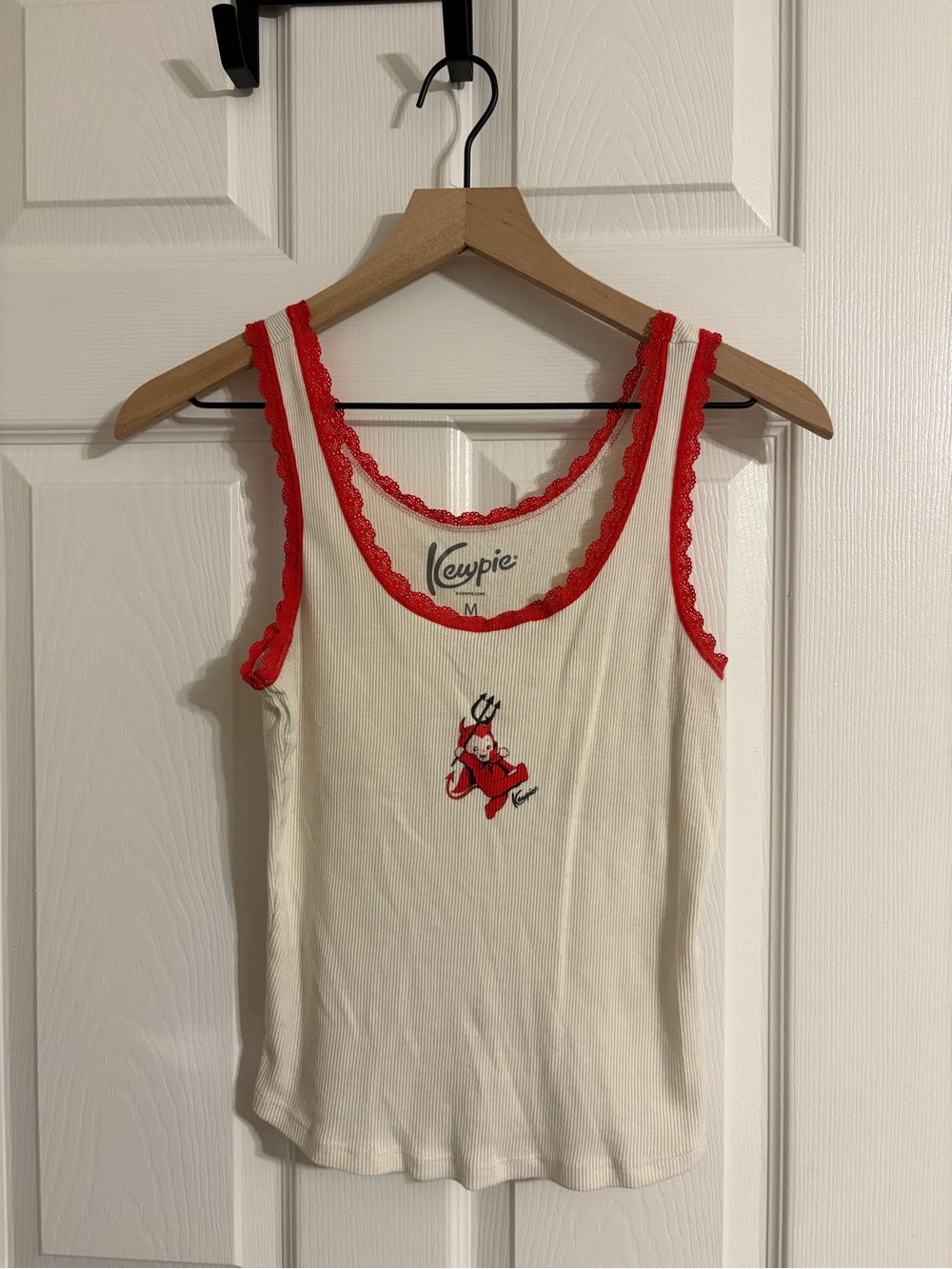 Newpie Red-Trim Cream Ribbed Tank Top - Devil Graphic